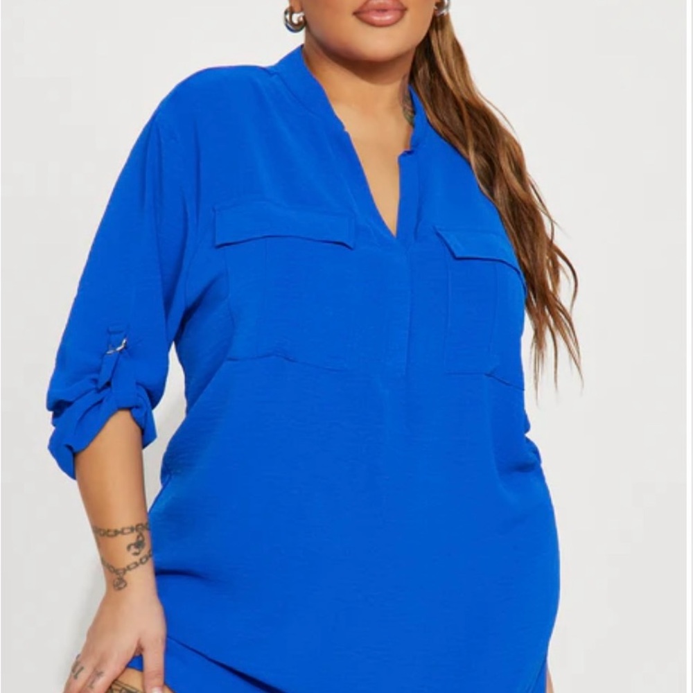 Fashion Nova Blue 3/4 Sleeve Boxy Blouse